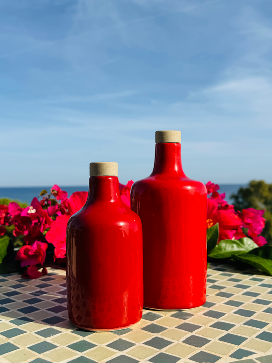 Keramikflasche Ölspender Ölflasche "Unica" Rot für Olivenöl handgemacht in Italien