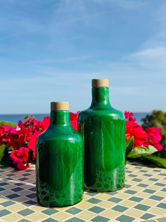 Keramikflasche Ölflasche Ölspender "Unica" Grün für Olivenöl und Essig handgemacht in Italien